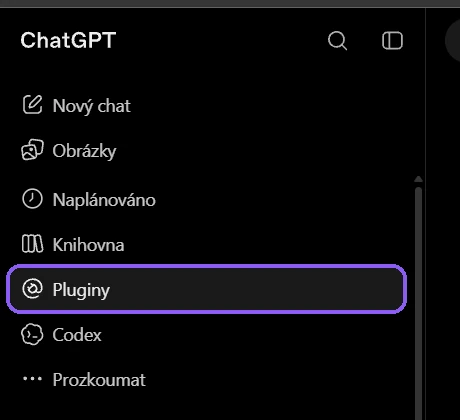Levý panel ChatGPT se zvýrazněnou položkou Pluginy