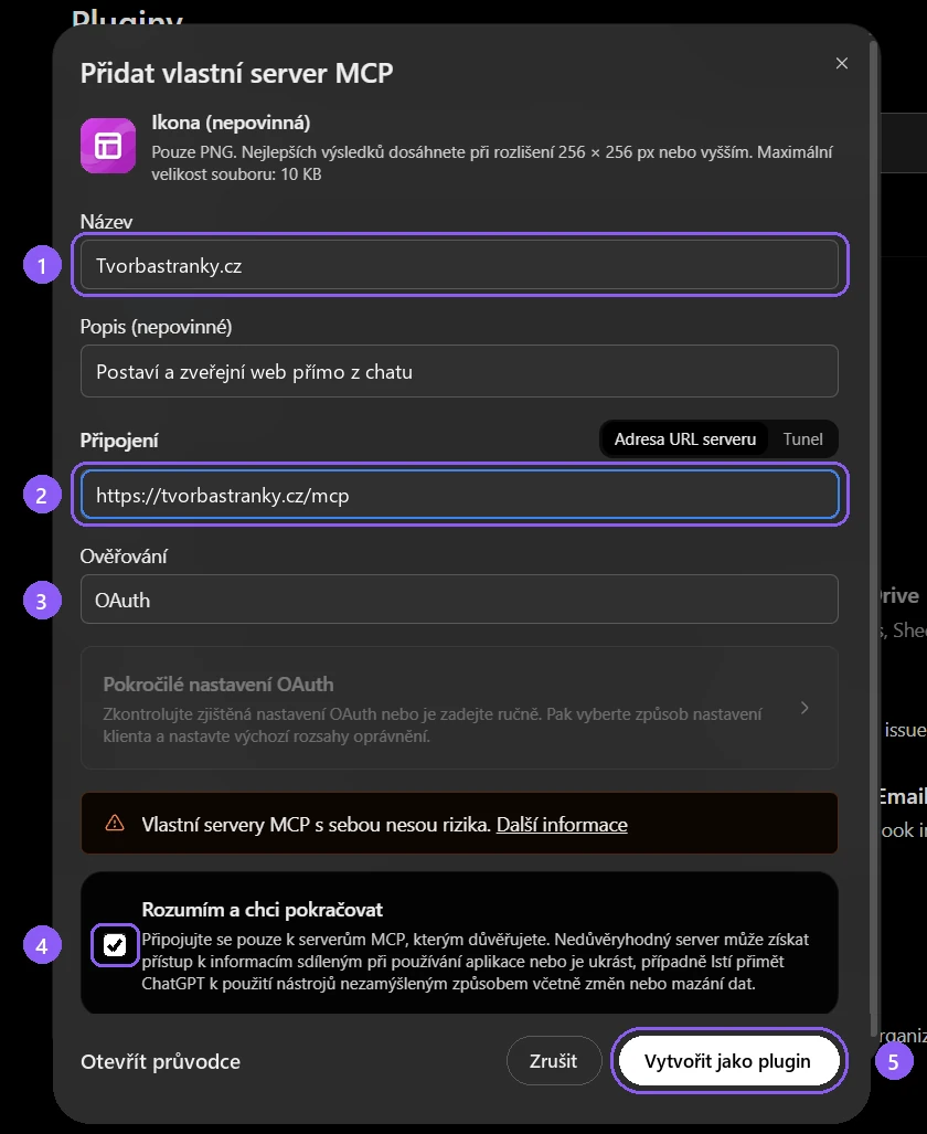 Formulář Přidat vlastní server MCP vyplněný údaji Tvorbastranky.cz, kroky označené čísly 1 až 5