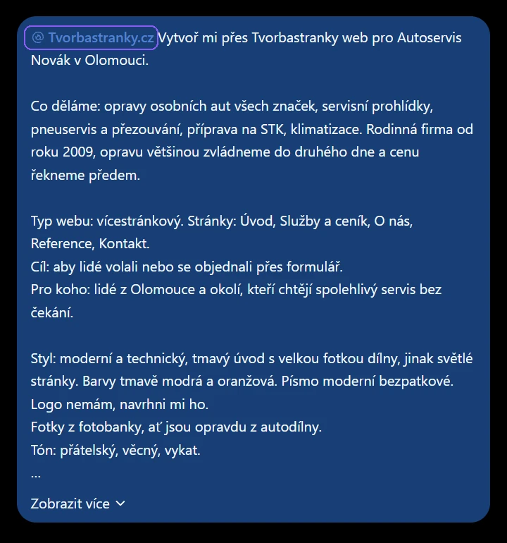 Zpráva v ChatGPT začínající @Tvorbastranky.cz se zadáním webu pro autoservis